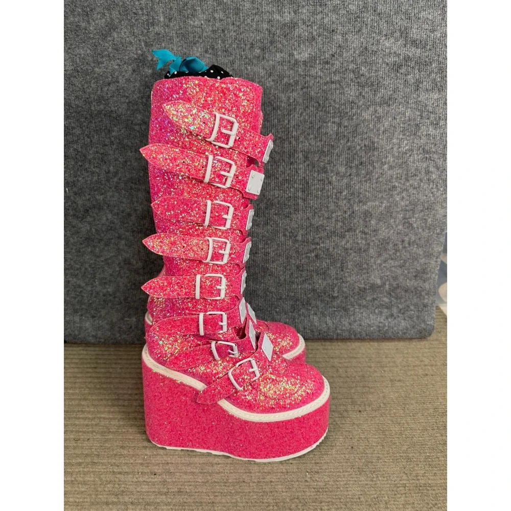 Demonia Swing-815 Pink Glitter Platform Buckle Boots Mens 10 Womens 10 Goth Rave
